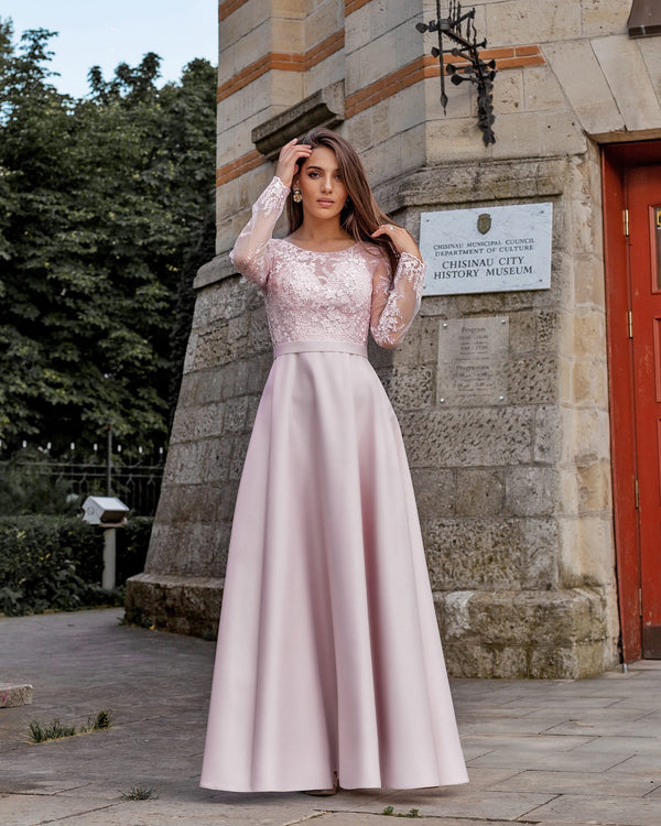 Pink long A-line lace evening dress with sleeves